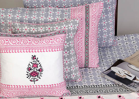 20s Cotton Cushion Cover in Floral Block Print